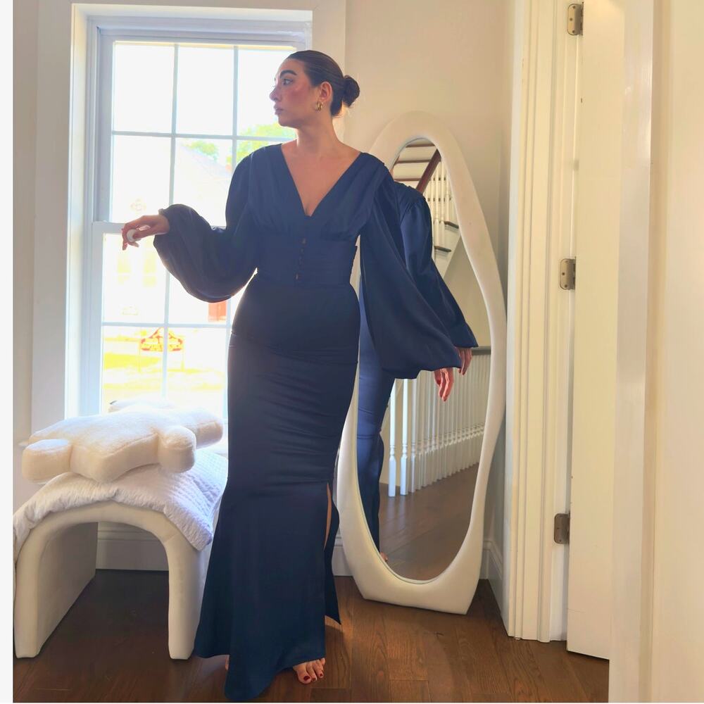 Club L London “Helsinki” Navy Satin Maxi Dress (UK 8 / US 4)